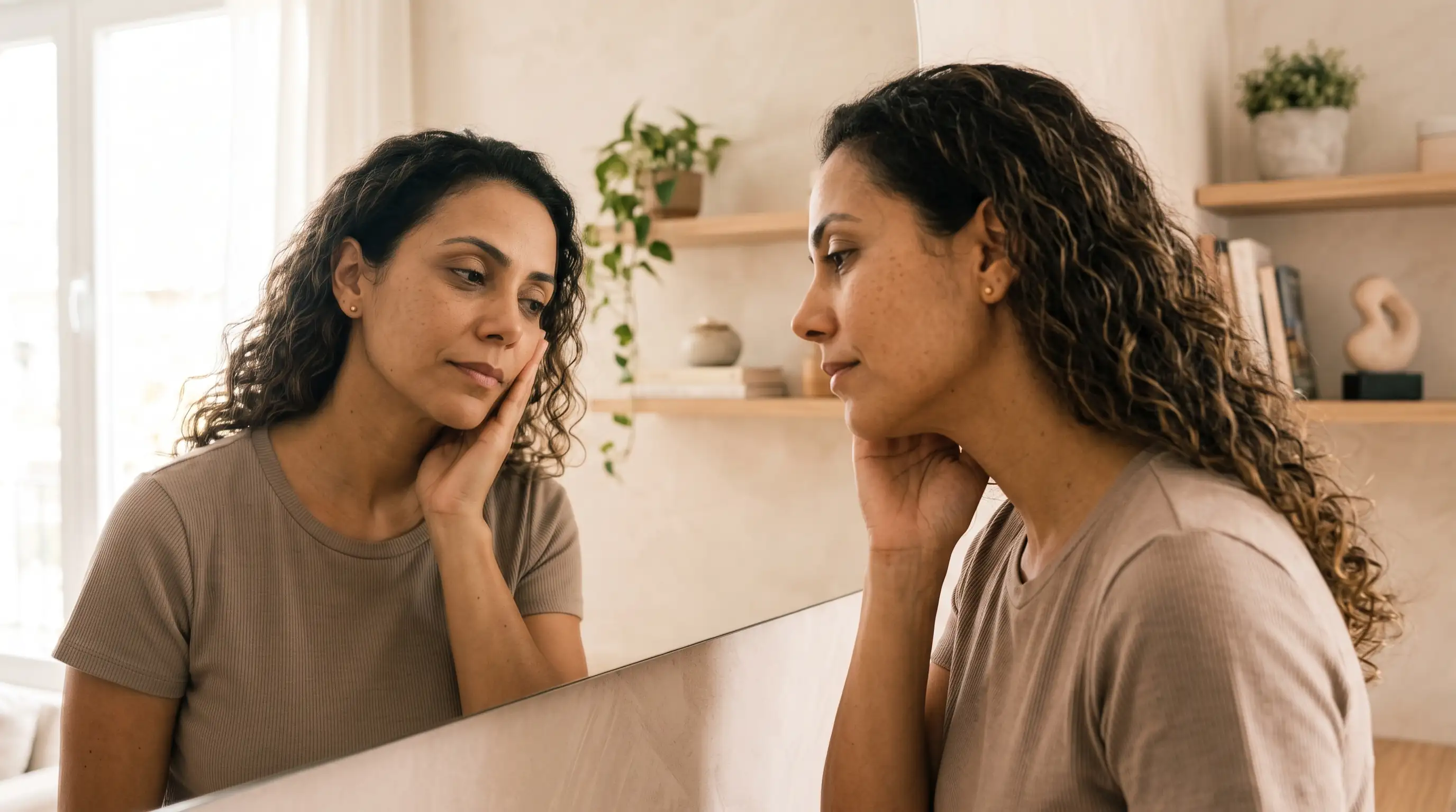 Mulher jovem adulta observando o próprio rosto de forma reflexiva sob luz natural