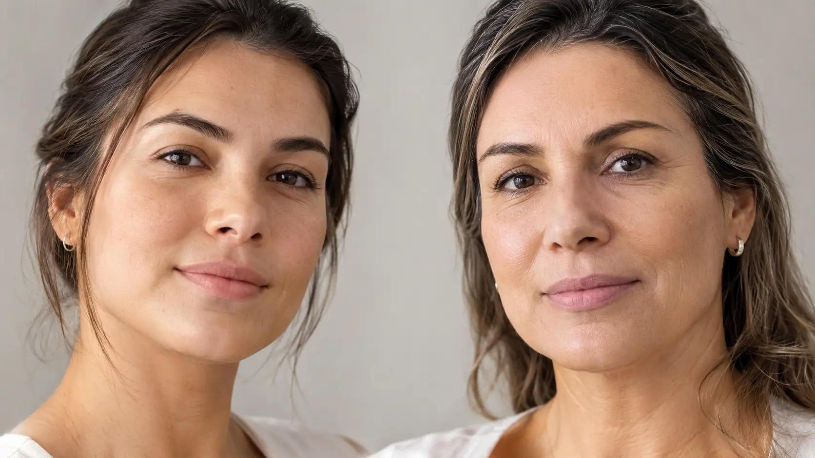 Rosto de mulher adulta com pele natural e expressão serena sob luz suave
