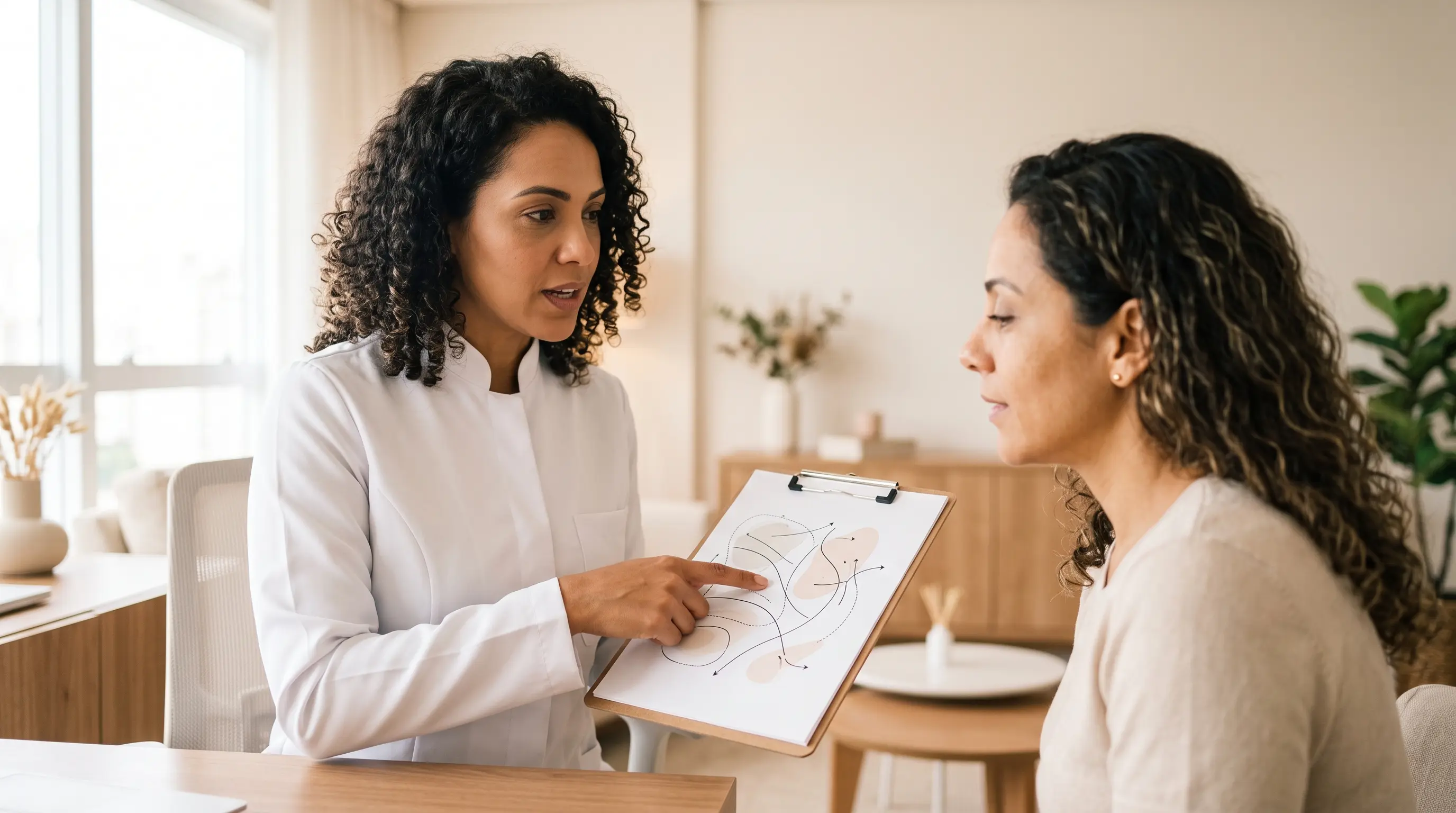 Profissional de estética explicando um plano de tratamento facial para paciente em consultório