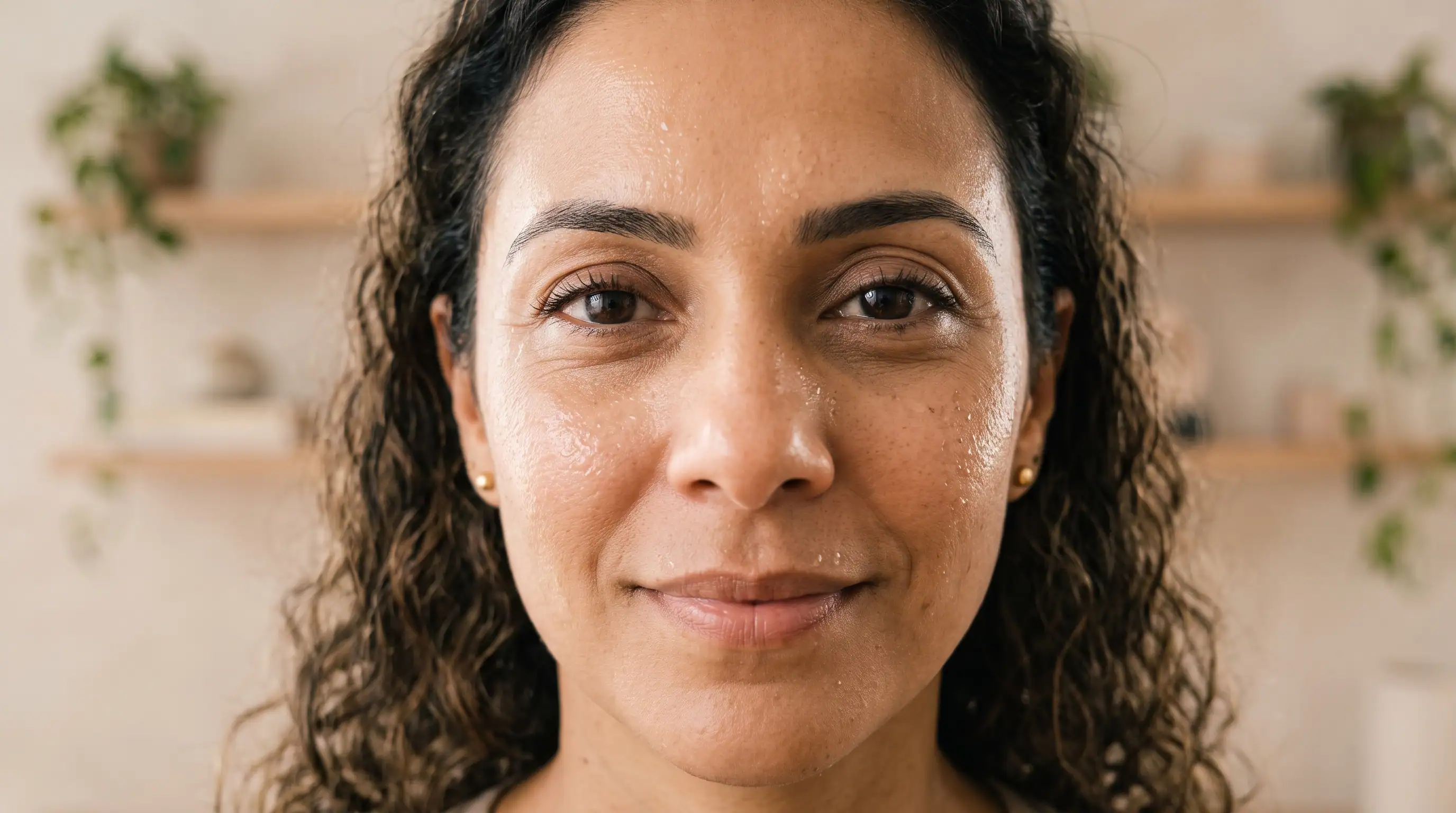 Close no rosto de mulher adulta com pele visivelmente hidratada e viçosa sob luz suave