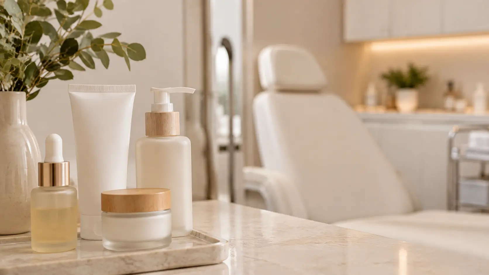 Produtos de skincare sobre bancada clara ao lado de ambiente de consultório desfocado